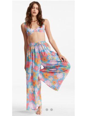 Billabong Womens Floral Wide Leg Pants L Blue Tropical Cotton Beach Vacation